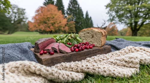 Outdoor Picnic with Sliced Steak and Cranberries
