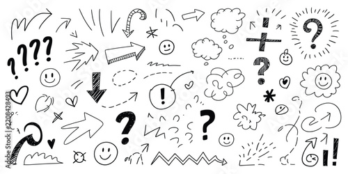 Hand-drawn doodle set featuring arrows, question marks, exclamation points, speech bubbles, and smiley faces in black ink on white background