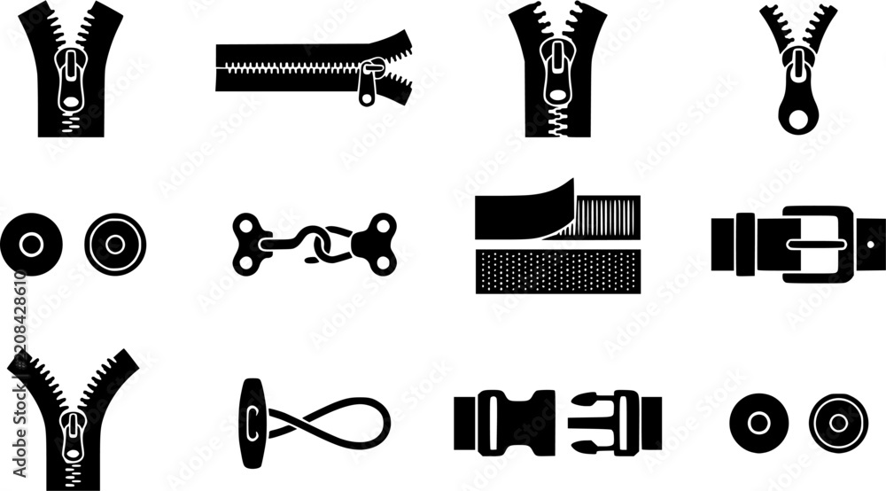 Fototapeta premium Zipper & Fabric Fastener Silhouette Icon Set. Collection of lifestyle & everyday silhouettes, including zipper & fabric fastener, detailed fashion and accessory shapes, and more.