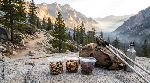 Hiking snack containers filled with trail mix and beef jerky placed on a mountain rock with gear and a trail.
