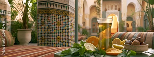 Traditional Glass of Mint Tea Set on a Table with Fresh Mint Sprigs, Sliced Oranges, Lemons, and Date