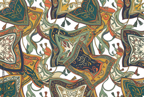 Seamless pattern featuring colorful patterned scarves and bandanas.