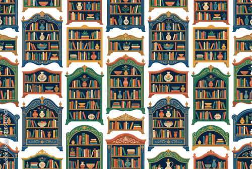 Vintage bookcase and cabinet seamless pattern with decorative objects.