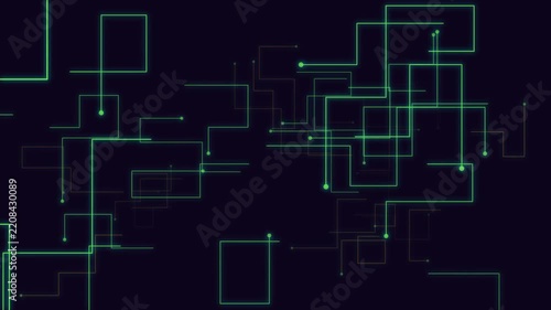 Futuristic green and orange circuit board animation showing digital data network links and connectivity