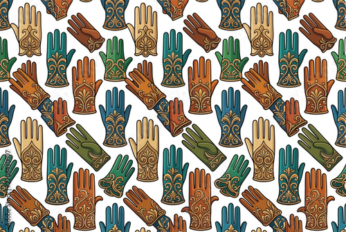 Seamless pattern of decorative and patterned gloves.