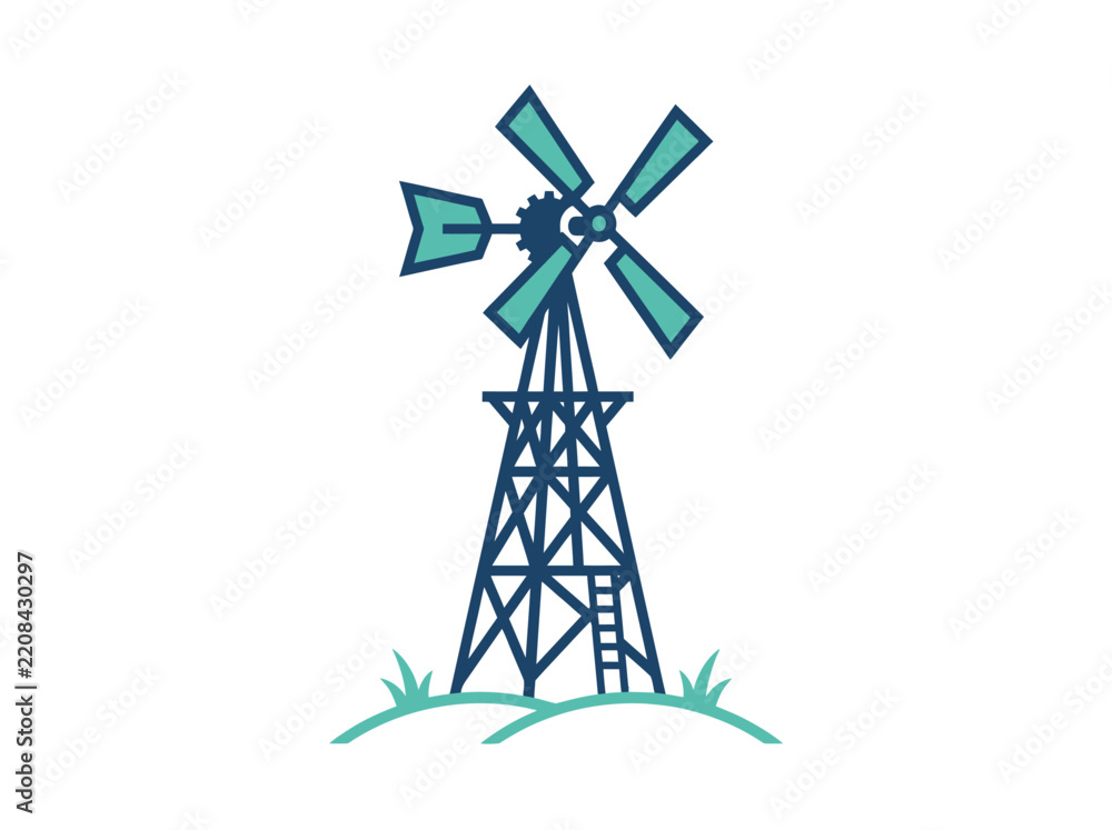 Obraz premium A vintage-style windmill stands tall against a minimalist background with a subtle grassy base.