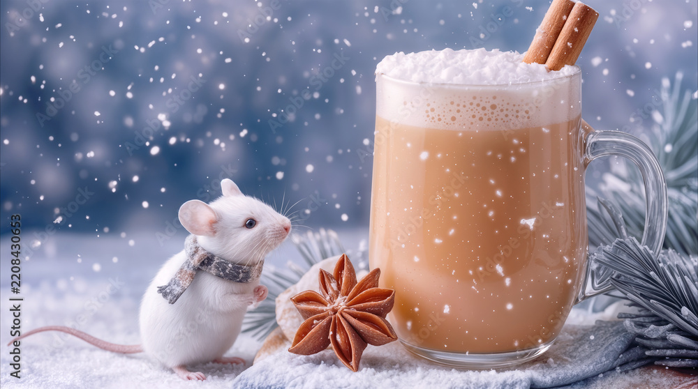 Obraz premium White mouse wearing scarf sitting by glass mug of latte. Winter holiday scene with cinnamon sticks and star anise in falling snow.