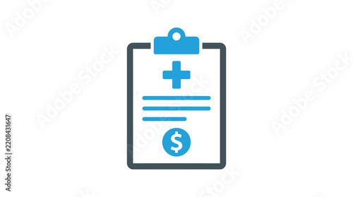 Medical clipboard illustration with blue cross symbol and financial currency sign for healthcare costs
