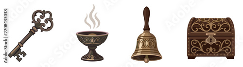 Witchcraft ritual objects vector set, ornate key, incense burner censer, brass handbell and antique wooden chest on transparent background