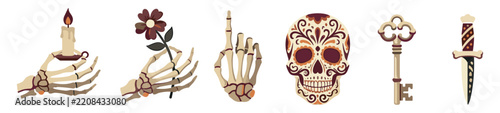 Gothic skeleton hands and mystical objects vector set, bone hand holding candle, flower, sugar skull, antique key and dagger on transparent background