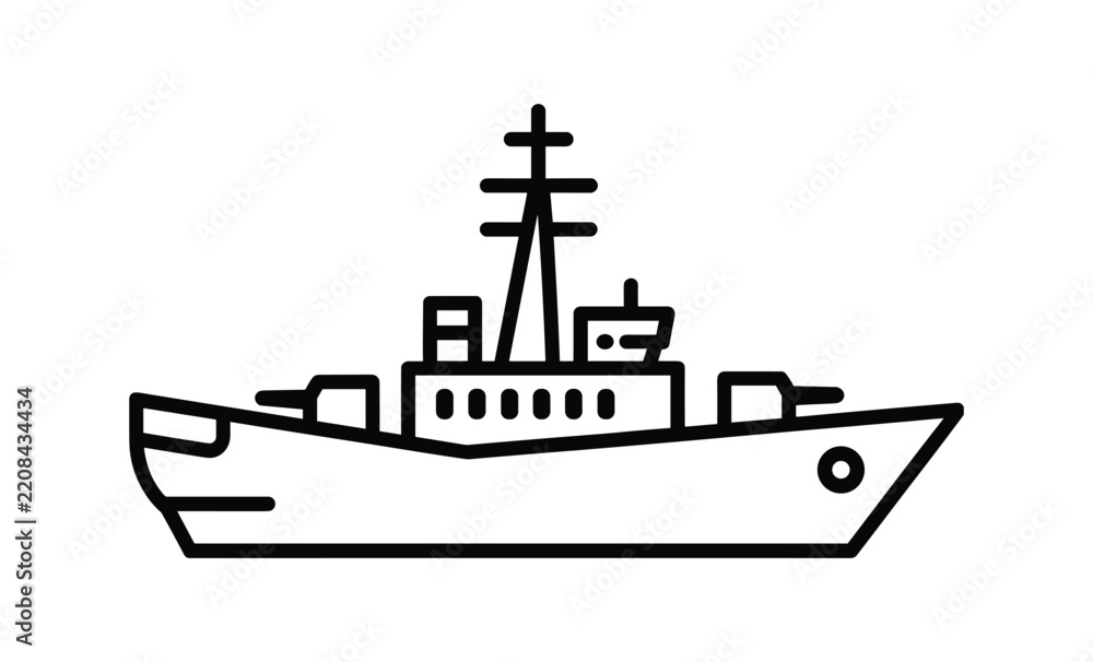 Obraz premium Simple linear icon of a military warship isolated on white background