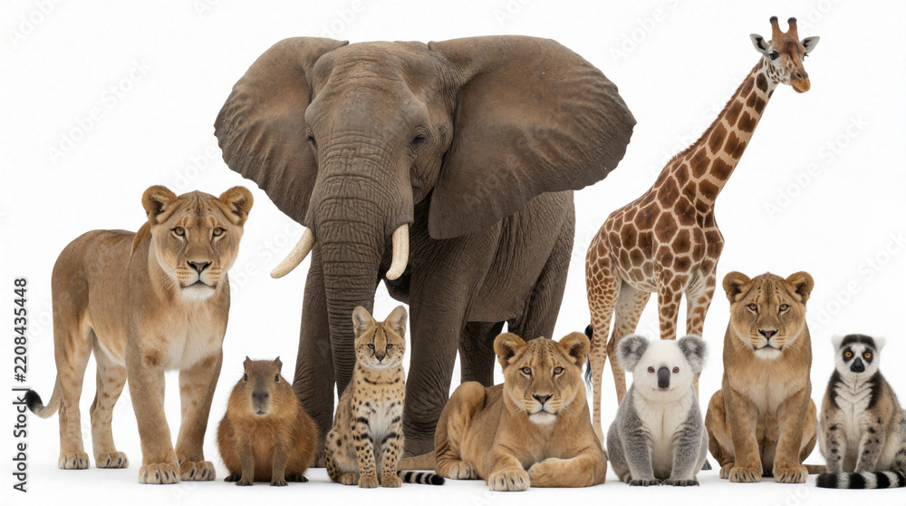 Obraz premium Diverse wildlife group stands together on white background. Large elephant, tall giraffe, lionesses, small serval, koala, capybara, lemur pose for portrait. Many different zoo, safari animals