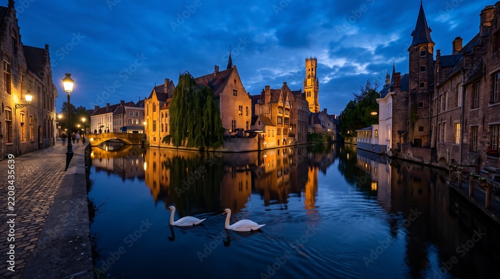 Obraz premium A tranquil winter evening in bruges reflections on the canals and historic architecture
