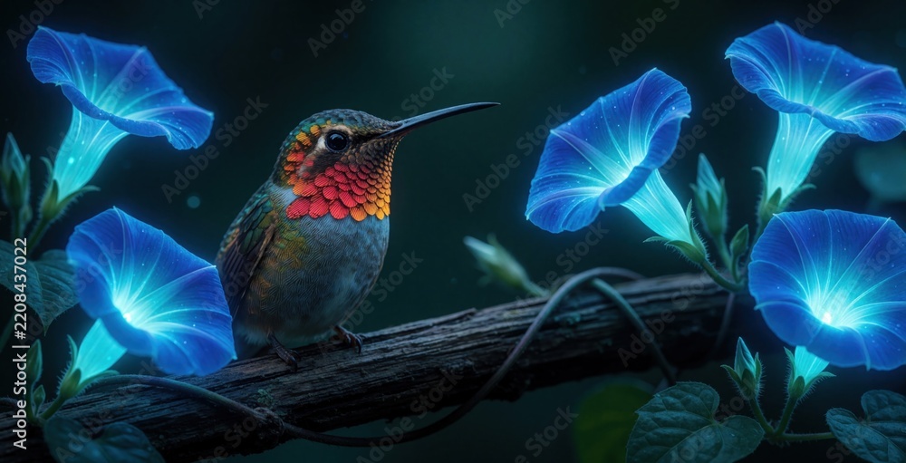 Obraz premium Small hummingbird sits on tree branch among glowing blue flowers. Colorful avian creature rests in dark forest near neon blossoms. Fantasy nature scene with bright bioluminescent flora, tiny bird in