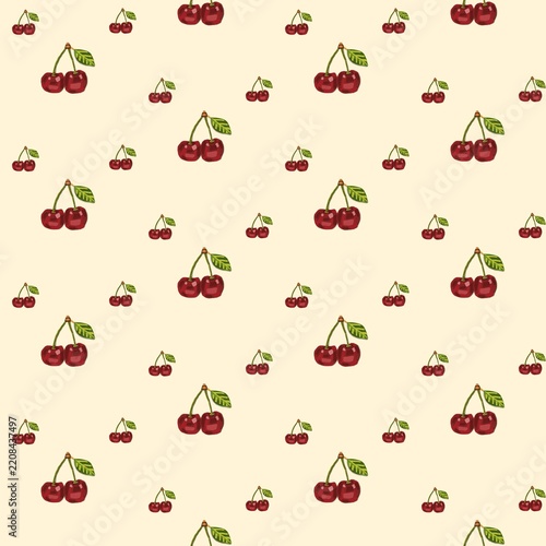 Seamless Red Cherry Pairs Pattern on Cream Background