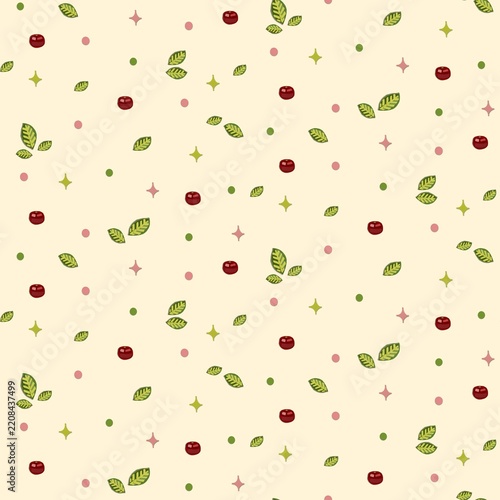 Seamless Cherry Confetti Pattern with Leaves and Dots on Cream