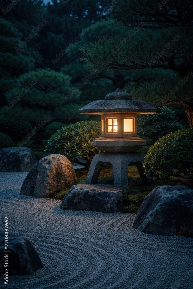 Obraz premium Traditional stone lantern glows in serene Japanese Zen garden at night. Sand ripples pattern ground around large rocks, green bushes. Peaceful oriental landscape with calm atmosphere under dark sky