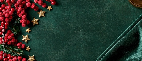 Christmas Berries and Stars on Green Velvet Background