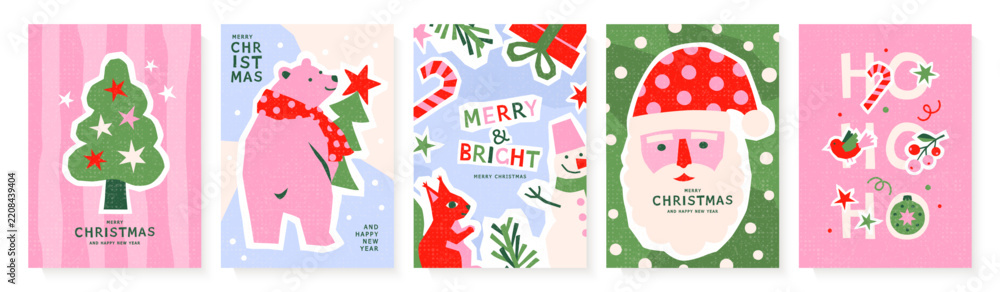 Obraz premium Set of Christmas card designs in a playful retro flat style with festive elements in cut-paper style and grainy texture. Vector illustrations featuring Christmas tree, polar bear, squirrel, snowman