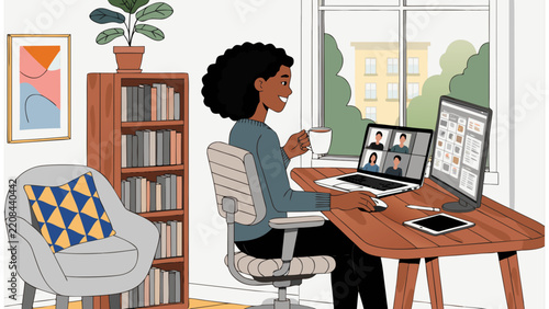 Smiling woman drinking coffee during video call while working from home office with laptop, monitor and bookshelf