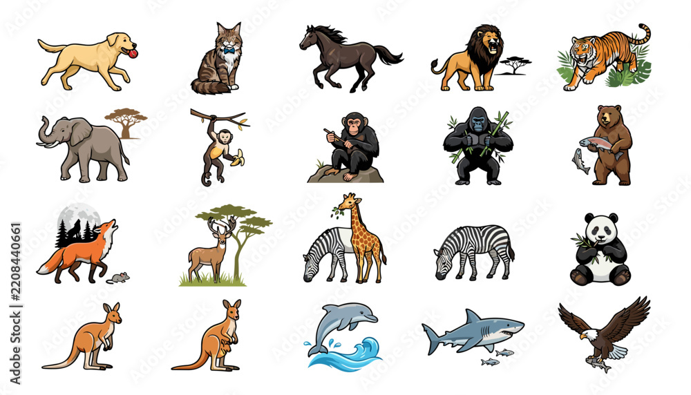 Obraz premium Animal Illustrations Set with Diverse Wildlife Icons, Including Mammals, Birds