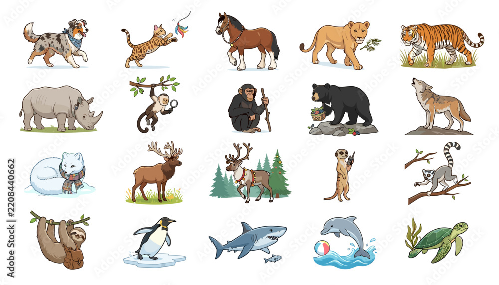 Obraz premium Animal Illustrations Set with Diverse Wildlife, Including Lions, Tigers, Bears