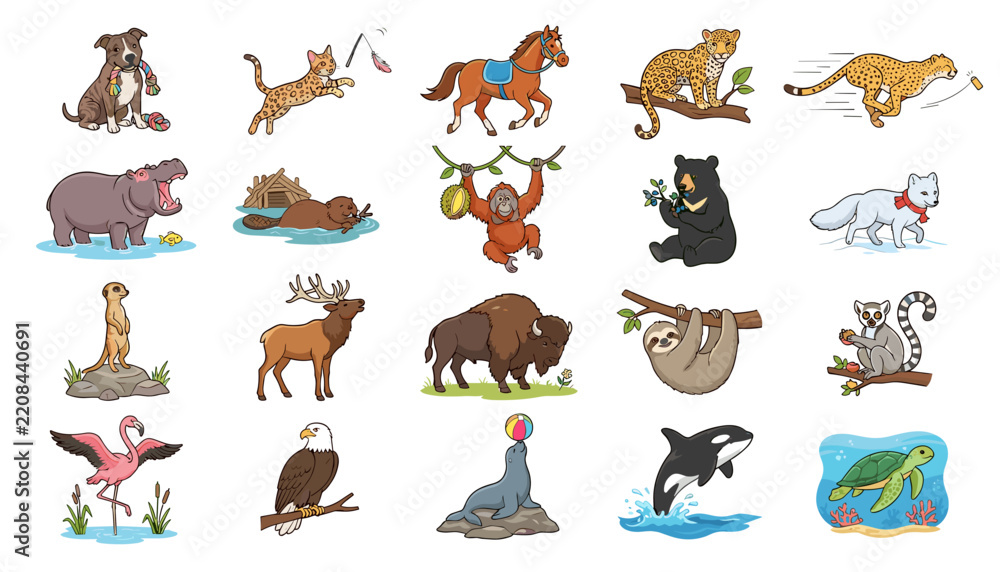 Obraz premium Animal Illustrations Set with Diverse Wildlife Icons Featuring Animals