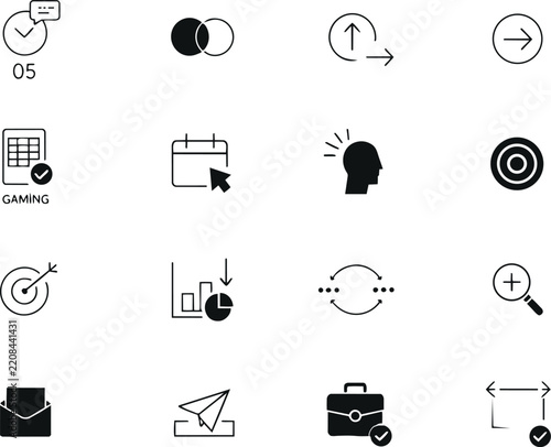 Set of business and technology icons including gaming, calendar, target, and communication symbols