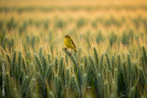 Small yellow bird perches on green wheat stalk in rural farm field. Wild bird sits among grain crops during golden hour. Nature scene with wildlife in agricultural landscape at sunset. Summer season