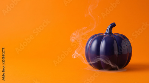 Blue ceramic pumpkin with white smoke on vibrant orange background