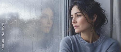 Woman looking out a rain-streaked window on a gloomy day