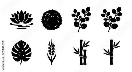 A curated selection of botanical and natural elements are presented as black silhouette icons on a white canvas.
