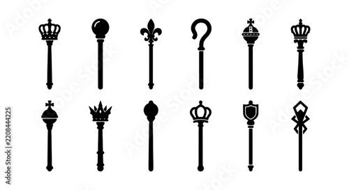A collection of diverse scepters and royal staffs, each uniquely crowned or adorned, representing power and authority.