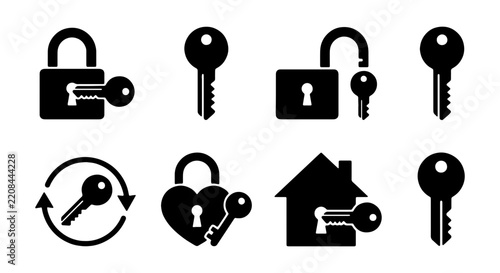 Various black silhouette icons represent locks, keys, and a house with a key, symbolizing security and access.