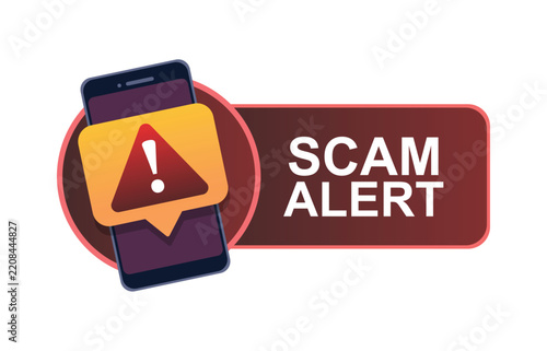 Scam Alert Notification on Mobile Phone: A digital illustration depicts a smartphone displaying a prominent SCAM ALERT notification with an exclamation mark inside a triangle.