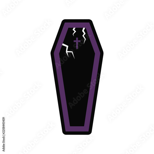 Spooky black and purple coffin vector illustration with cross and cracks