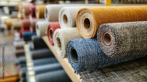 Colorful fabric rolls displayed on store shelves