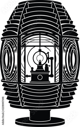 Obraz na plátně Black and white vector illustration of a fresnel lighthouse lamp lens