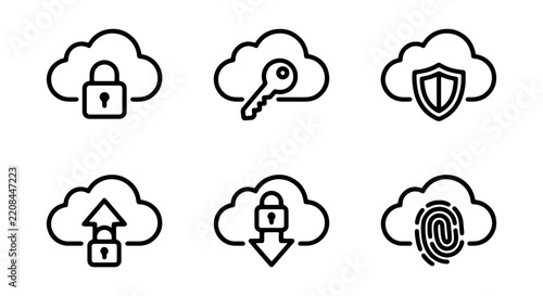 Cloud computing icons feature symbols related to data storage, access, and security including uploads, downloads, and keys.
