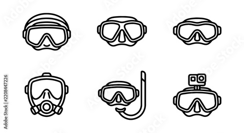 Scuba diving masks and snorkels are presented as a collection of line art icons on a clean white background.