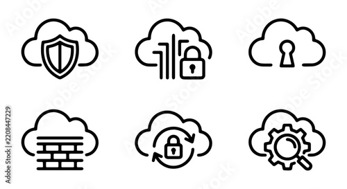 Cloud security icons depict various digital protection symbols like shields, locks, and firewalls on a white background.