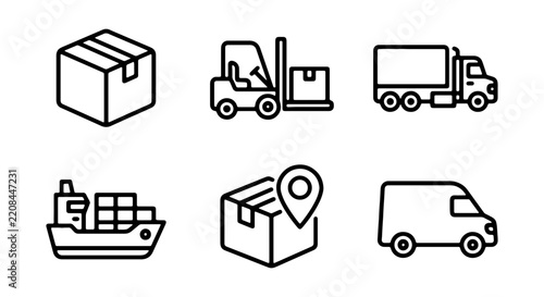 A grid of six isometric vector icons illustrates essential elements of logistics, including boxes, a forklift, truck, ship, and delivery van with a location pin.