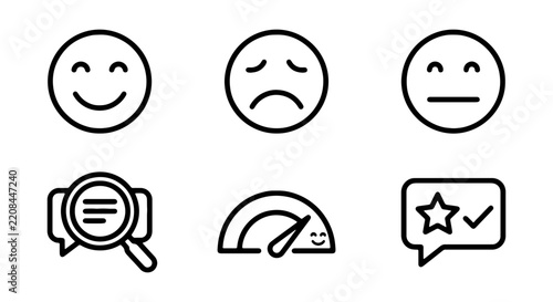 A group of six simple line art icons represents different emotional states and feedback metrics for customer satisfaction surveys.