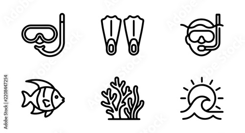 A collection of simple line art icons represents various elements of ocean life and aquatic activities.