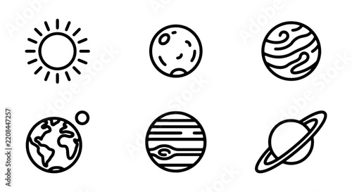 Various planets, the sun, and the moon are illustrated as simple, modern line art icons, perfect for space-themed design projects.