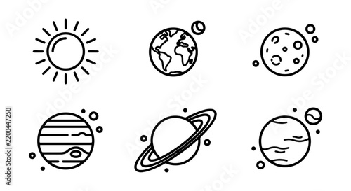 Stylized line art icons represent celestial bodies such as the sun, Earth, moon, and planets, suitable for educational or informational graphics.