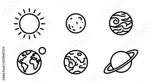 A collection of celestial bodies including the sun, moon, Earth with its moon, and various planets are depicted as clean line art icons.