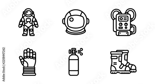 Astronaut suit, helmet, oxygen tank, glove, and boots are presented as simple line art icons for space exploration themes.