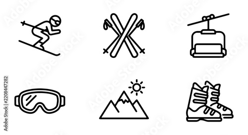 Winter sports equipment and elements are depicted as simple line icons, showcasing skiing, mountains, and cable car transportation.