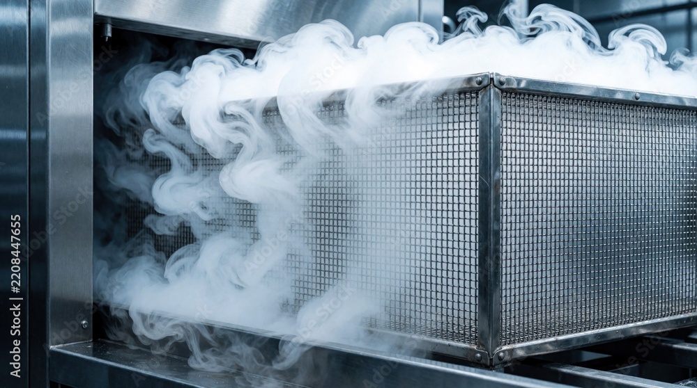 Naklejka premium Industrial cryogenic freezing process with dense white vapor cloud. Metal mesh container releases liquid nitrogen fog inside modern factory plant. Advanced manufacturing equipment uses extreme low